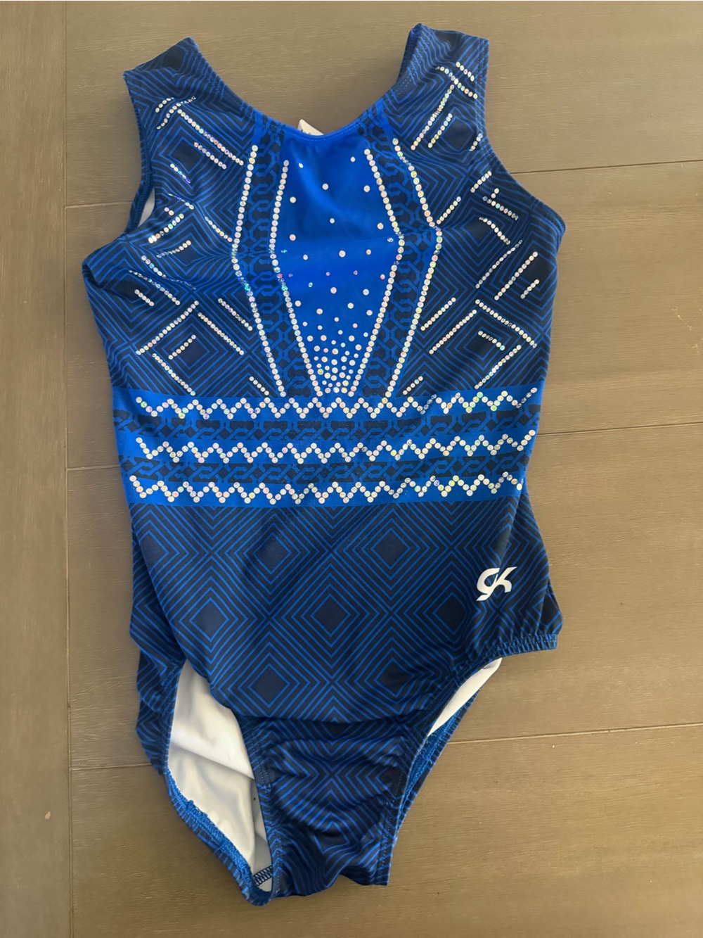 GK Blue Geometric Sequin One-Piece Gymnastics Leotard Size Adult Small
